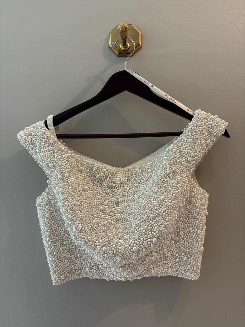 Sherri Hill Ivory Pearl-Trim Crop Top